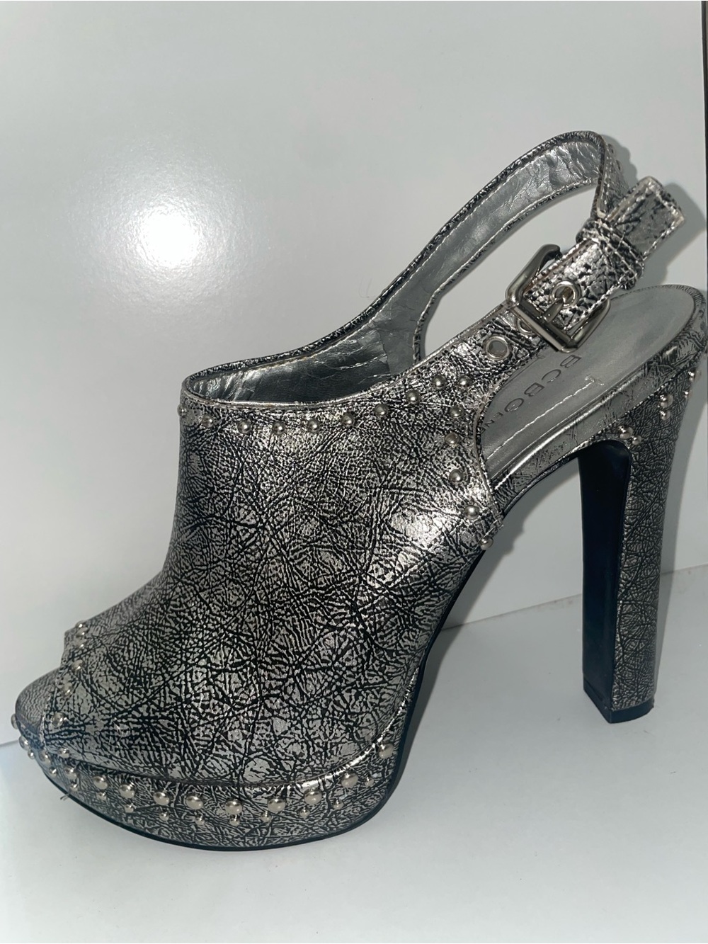 BCBG Silver Studded Peep-Toe Slingback Platform Heel Y2K